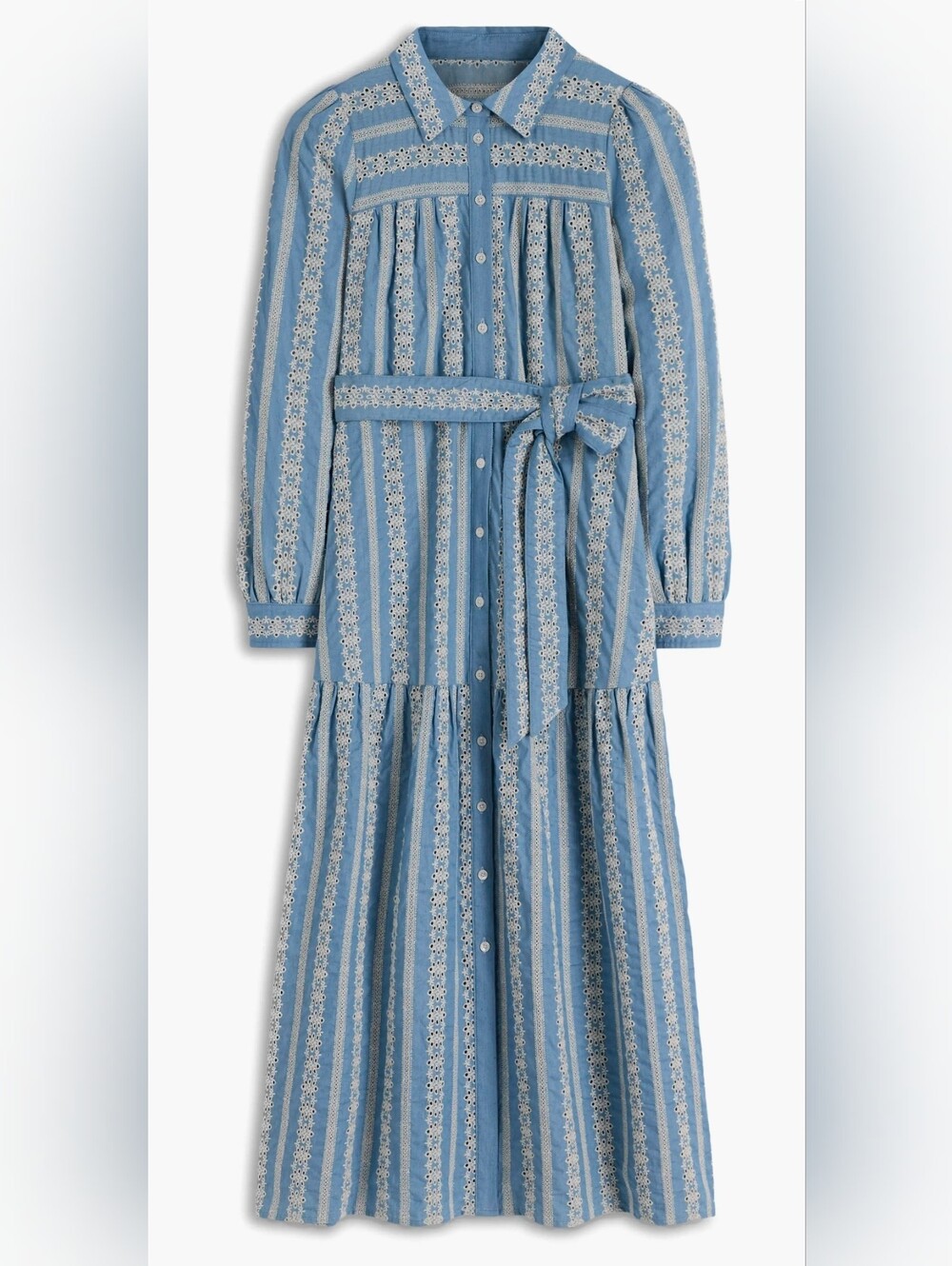 New Boden Blue Striped Eyelet Lace Maxi Shirt Dress Belted L XL US 20R Cotton